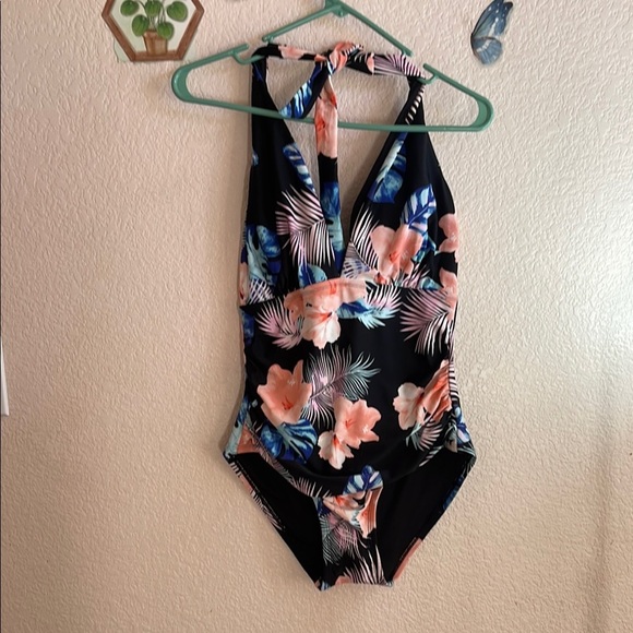 DKNY Black and Pink One Piece Swimsuit with Halter Neck - Picture 1 of 8